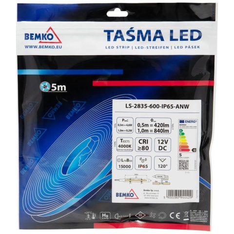 Taśma LED 2835-600 biały neutralny 12V 5m IP65 Bemko