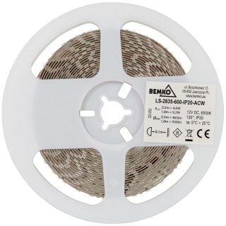 Taśma LED 2835-600 biały zimny 12V 5m IP20 Bemko