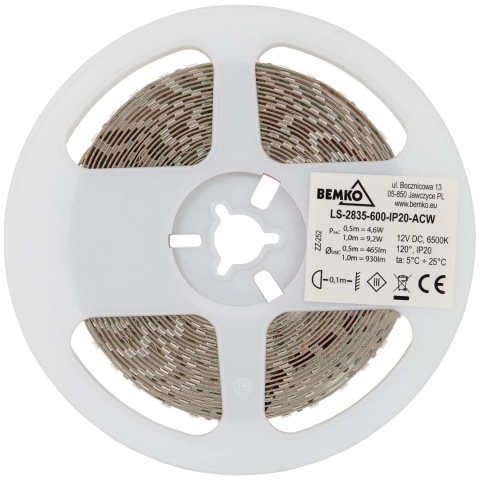 Taśma LED 2835-600 biały zimny 12V 5m IP20 Bemko