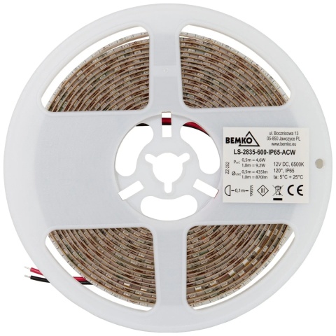 Taśma LED 2835-600 biały zimny 12V 5m IP65 Bemko