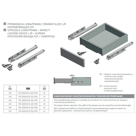 Prowadnica do szuflad MODERN SLIDE PRO L-500 CICHY DOMYK GTV