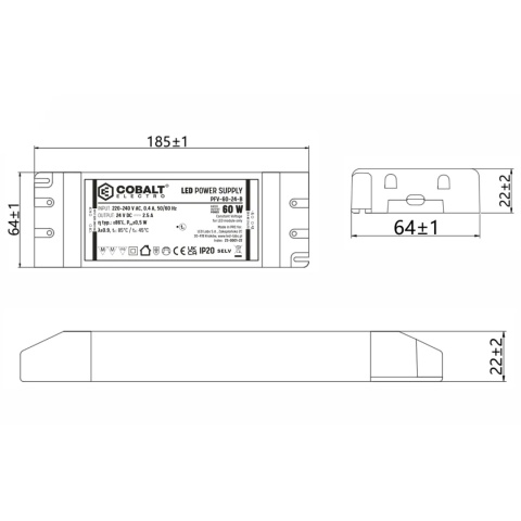 Zasilacz montażowy CobaltElectro do taśm LED 24V 60W IP20 PFV-60-24-B