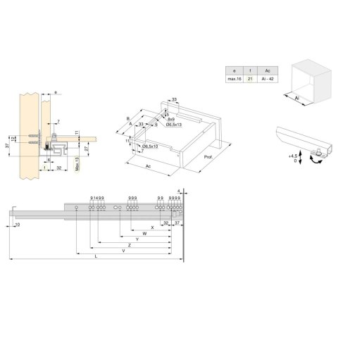 Prowadnice do szuflady SIMPLEX 16mm L-250mm Silver Pełny wysuw