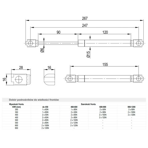 Podnośnik gazowy do frontów meblowych 60N Rejs